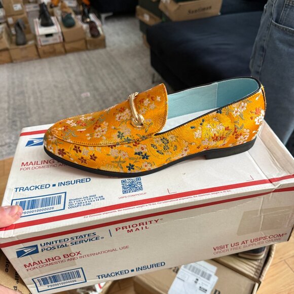 Santimon Men's US 12.5 Orange Floral Embroidery Loafers with Gold Buckle Stylish - Picture 5 of 10